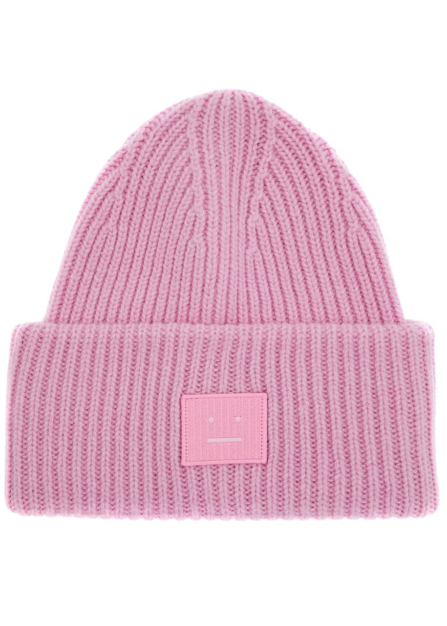 Acne Studios Pansy Logo Ribbed Wool Beanie - Pink - One Size
