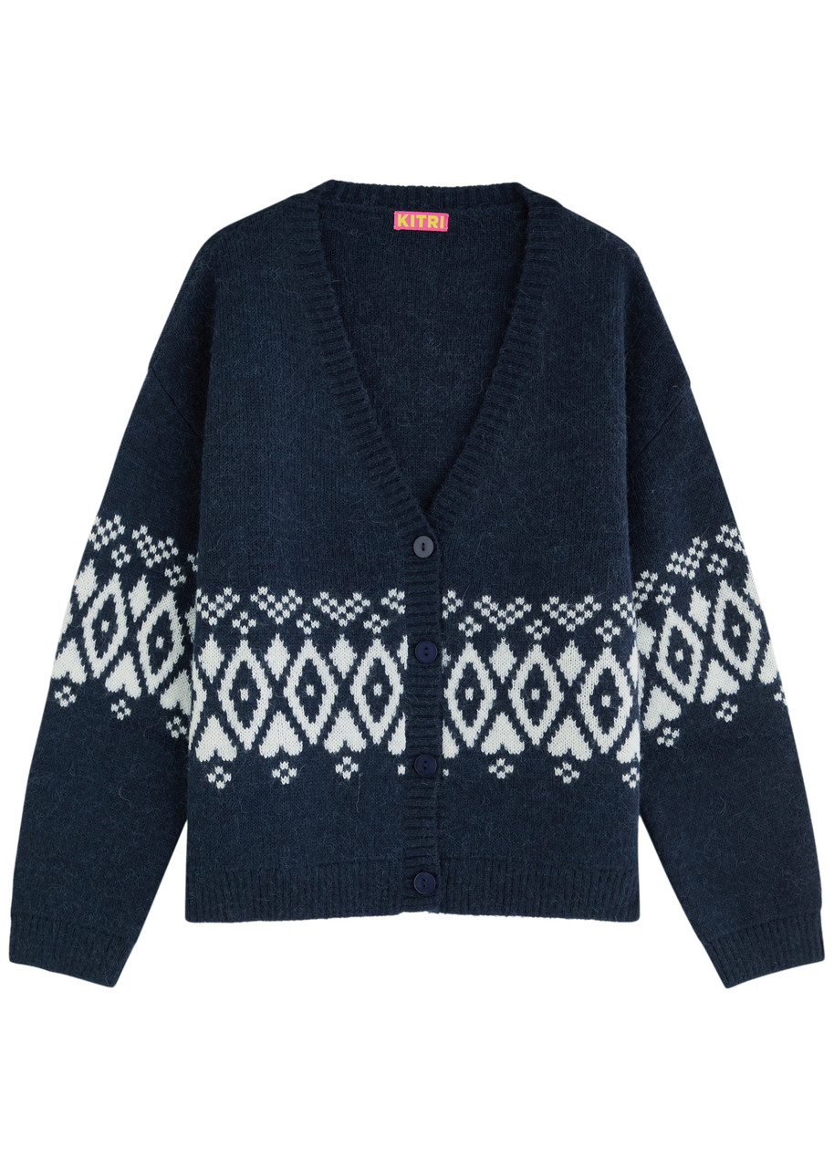 Kitri Felicia Fair Isle Knitted Cardigan In Navy