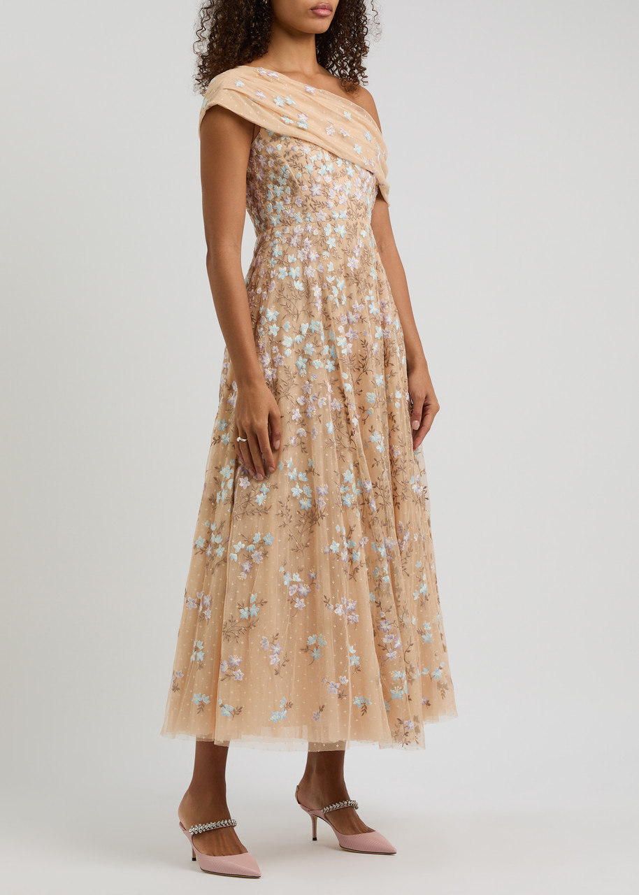 Needle & Thread Everett Bloom One-shoulder Embroidered Gown In Gold
