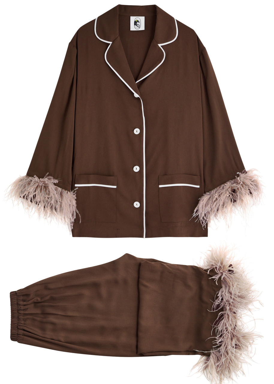 Sleeper Party Feather-trimmed Pyjama Set In Brown