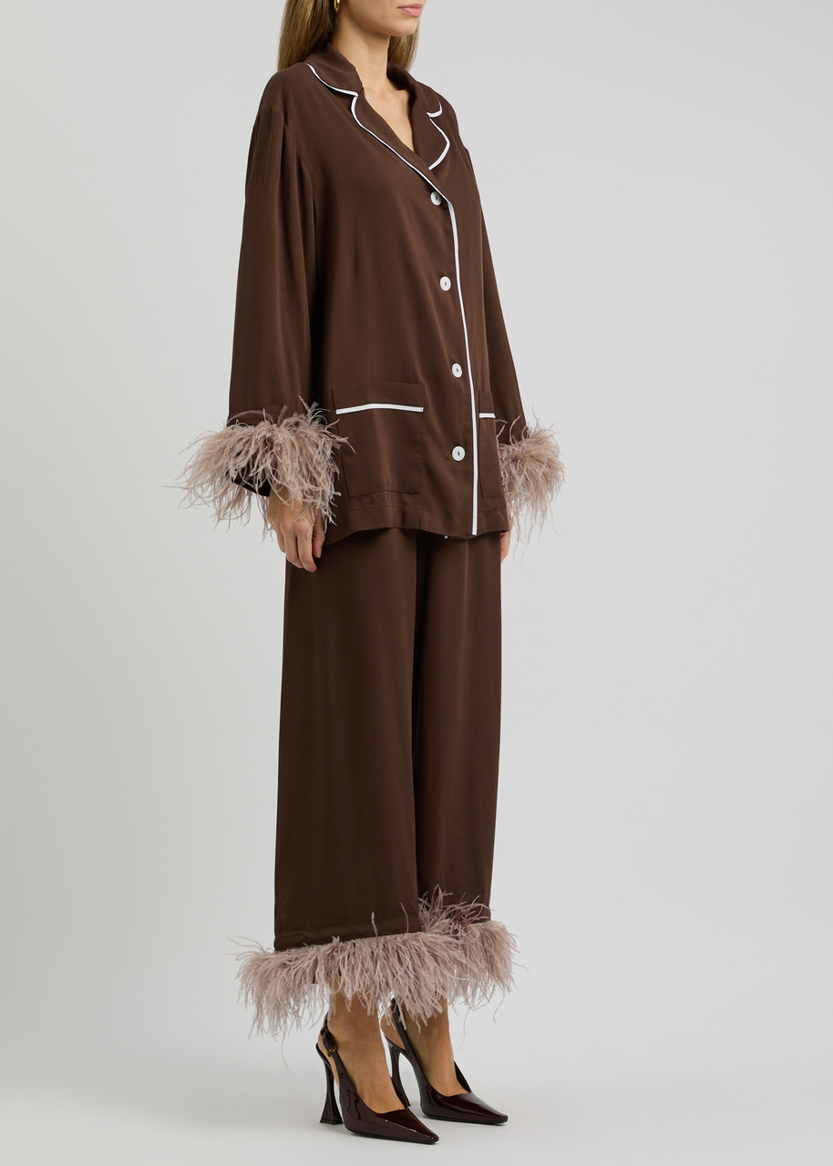 Sleeper Party Feather-trimmed Pyjama Set In Brown