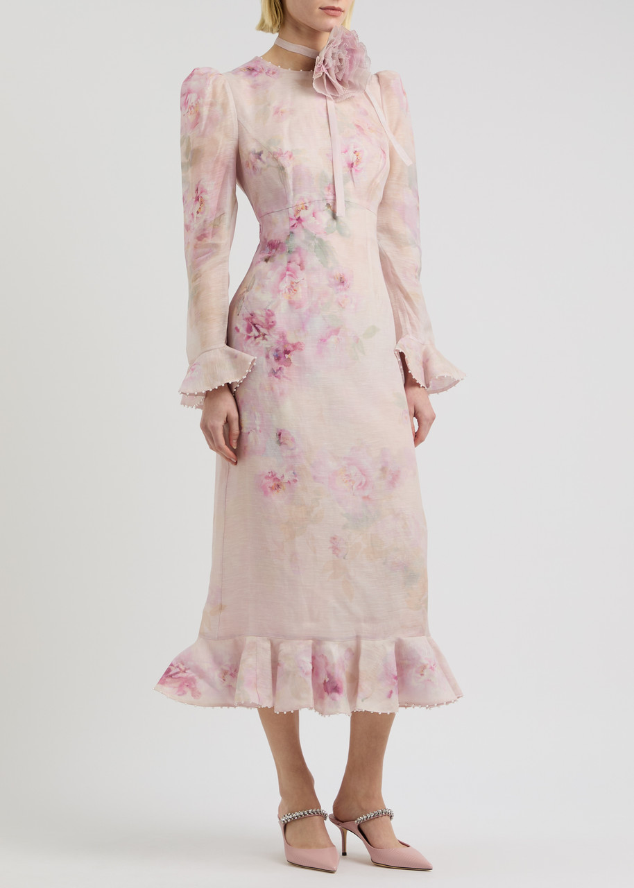 Zimmermann Crush Flower Midi Dress With Flower Brooch In Pink