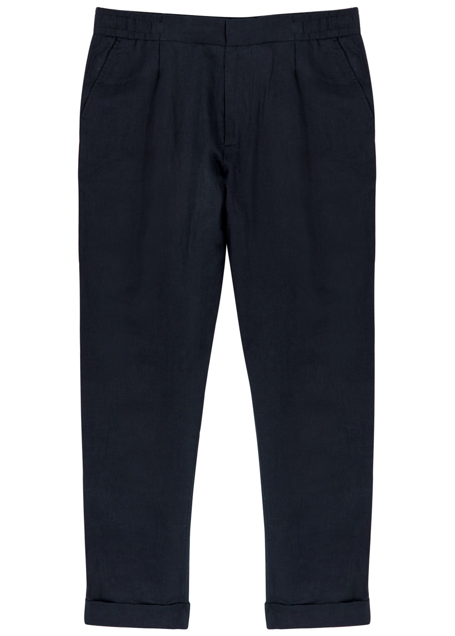 Che Tapered-leg Cropped Linen Trousers In Navy