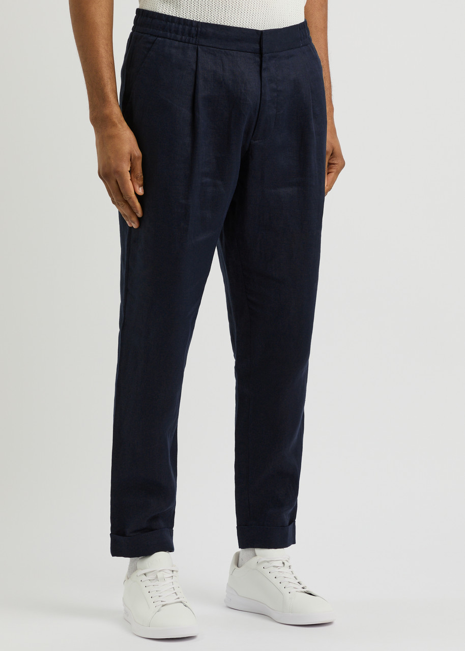 Che Tapered-leg Cropped Linen Trousers In Navy