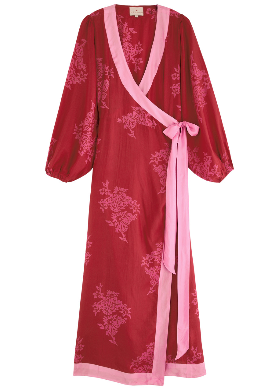 Hannah Artwear Luna Floral-print Silk Midi Wrap Dress In Red