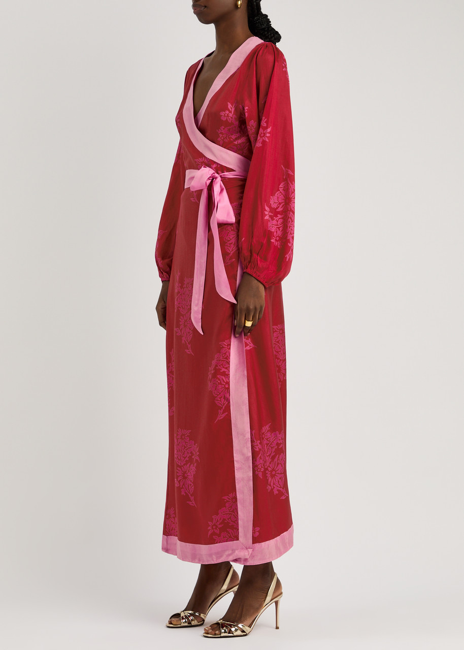 Hannah Artwear Luna Floral-print Silk Midi Wrap Dress In Red