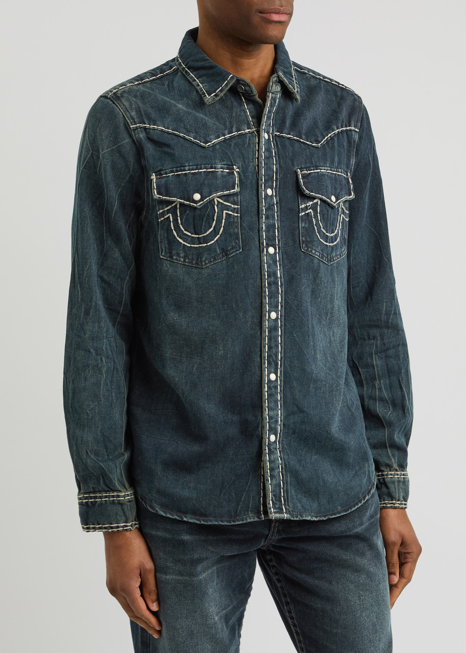 True Religion Western Contrast-stitch Denim Shirt In Indigo