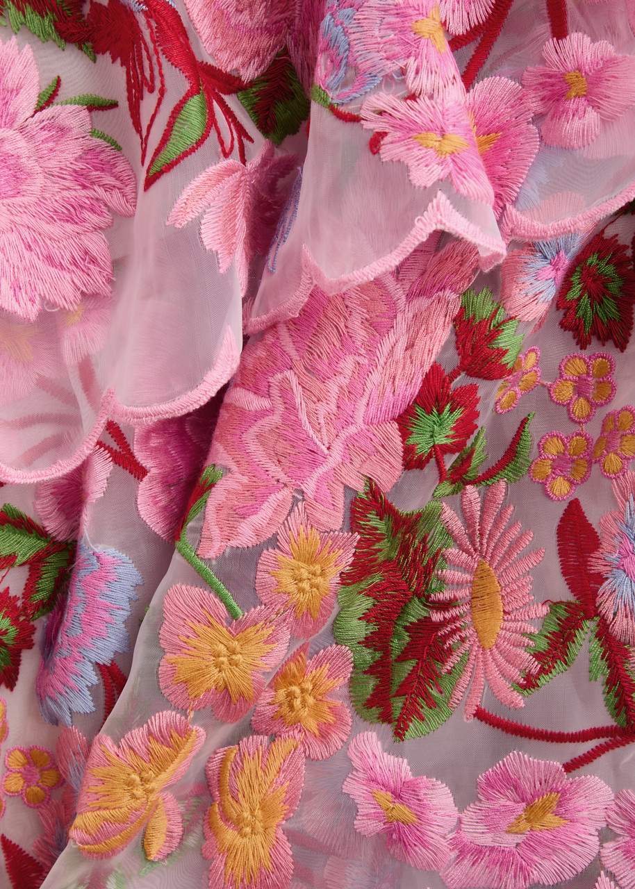 Marlo Kids Glam Floral-embroidered Tiered Organza Dress In Pink