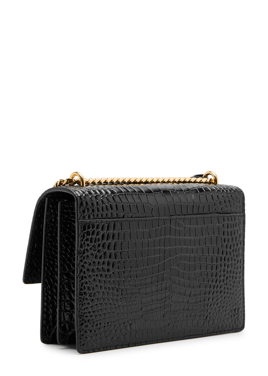 Saint Laurent Sunset Crocodile-effect Patent Leather Shoulder Bag In Black