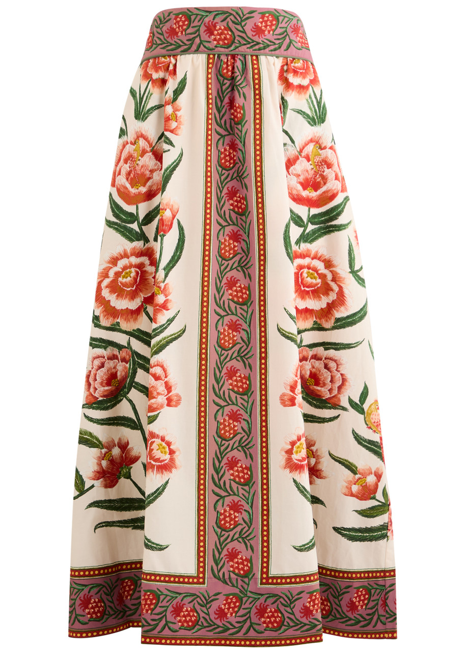 Farm Rio Pleated Floral-print Cotton-poplin Midi Skirt In Cream