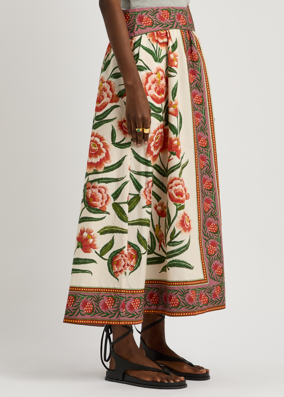 Farm Rio Pleated Floral-print Cotton-poplin Midi Skirt In Cream