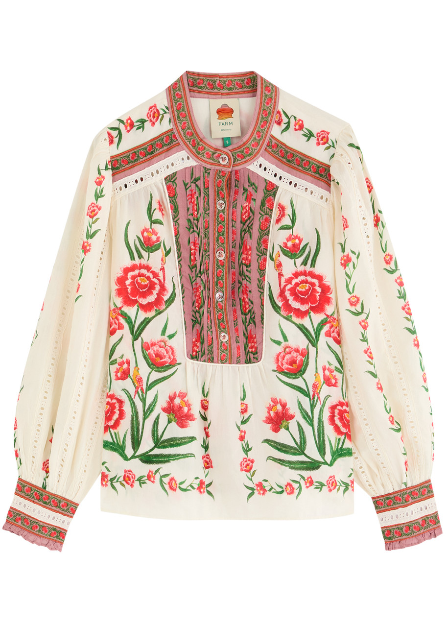 Farm Rio Printed Cotton-blend Blouse In Cream