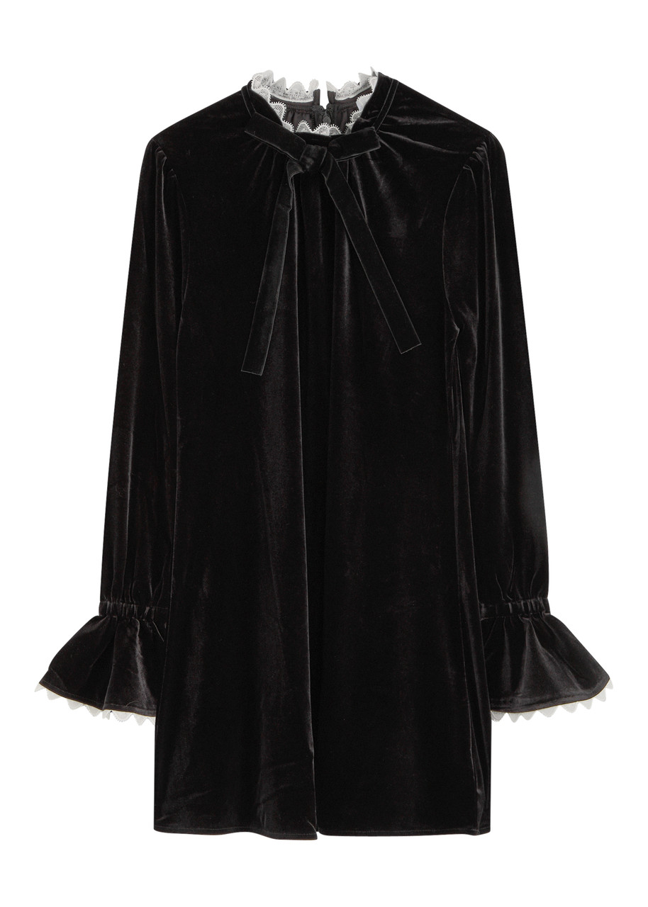 Ganni Womens Bow-trim A-line Velvet Stretch Recycled-polyester Mini Dress Black In Black