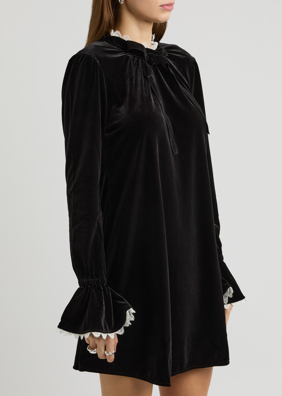 Ganni Womens Bow-trim A-line Velvet Stretch Recycled-polyester Mini Dress Black In Black