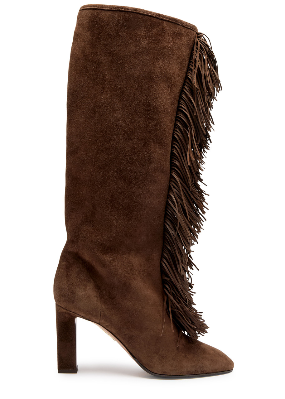 Aquazzura Gytane 85 Fringed Suede Knee-high Boots - Brown