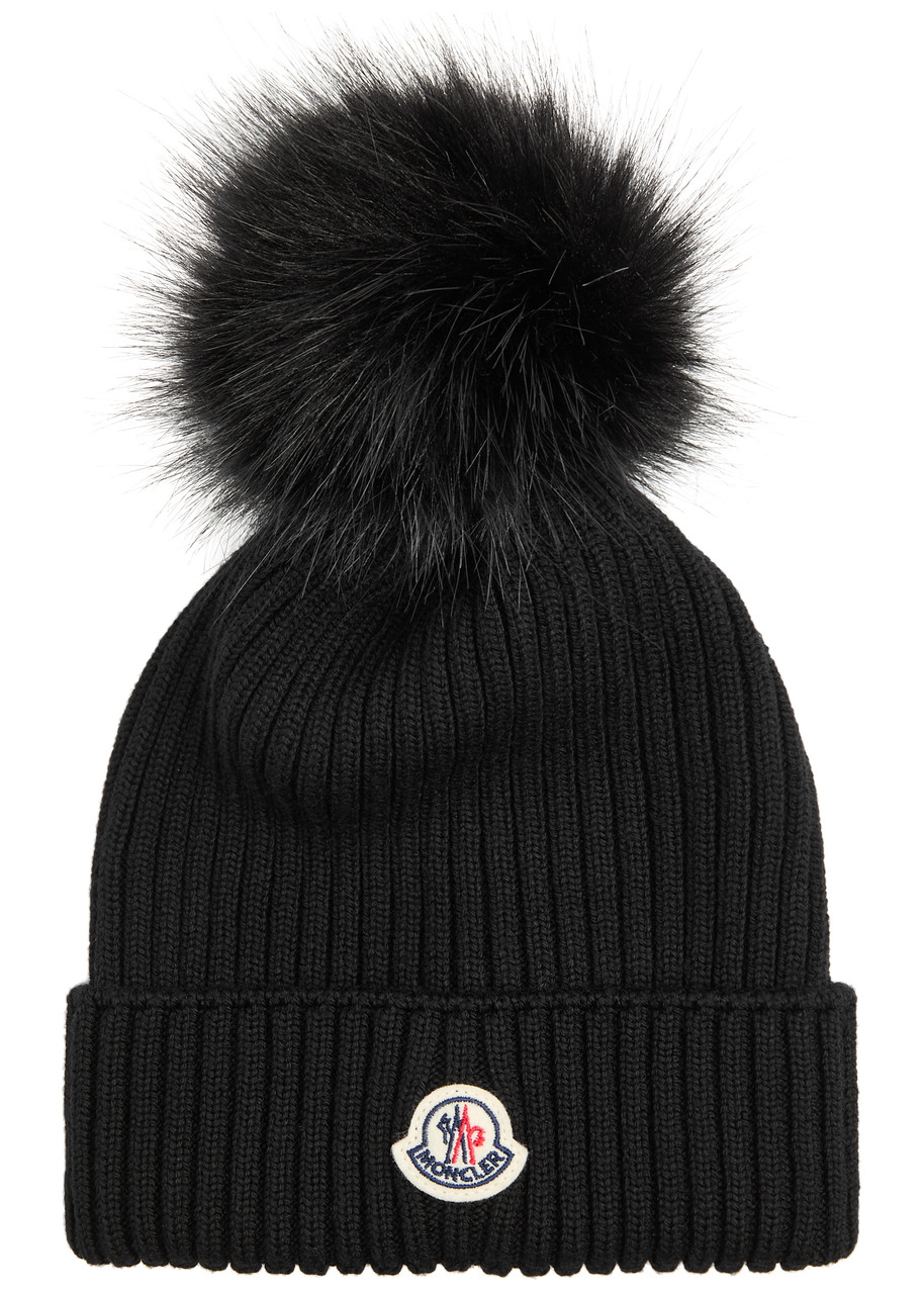Moncler Kids Pompom Ribbed Wool Beanie - Black - 4 (L)
