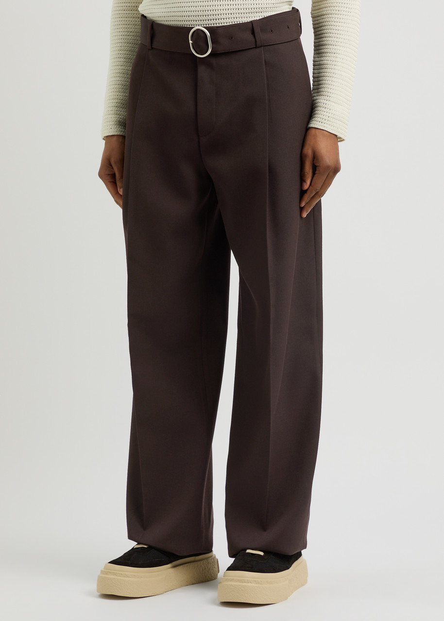 Jil Sander Belted Wide-leg Wool Trousers In Brown