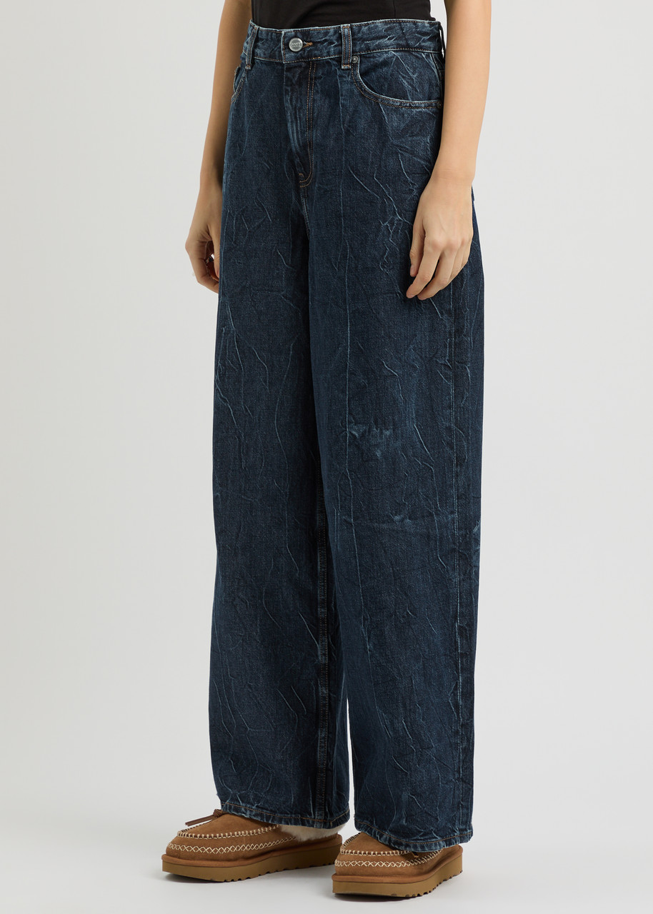 Ganni Crinkled-effect Wide-leg Jeans In Denim