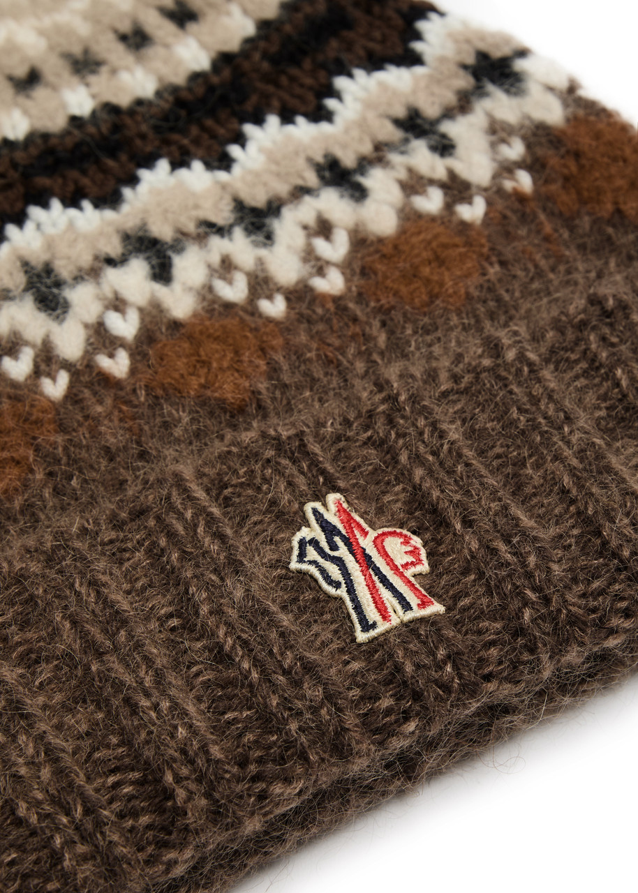 Moncler Logo Fair Isle Intarsia Wool-blend Beanie In Brown