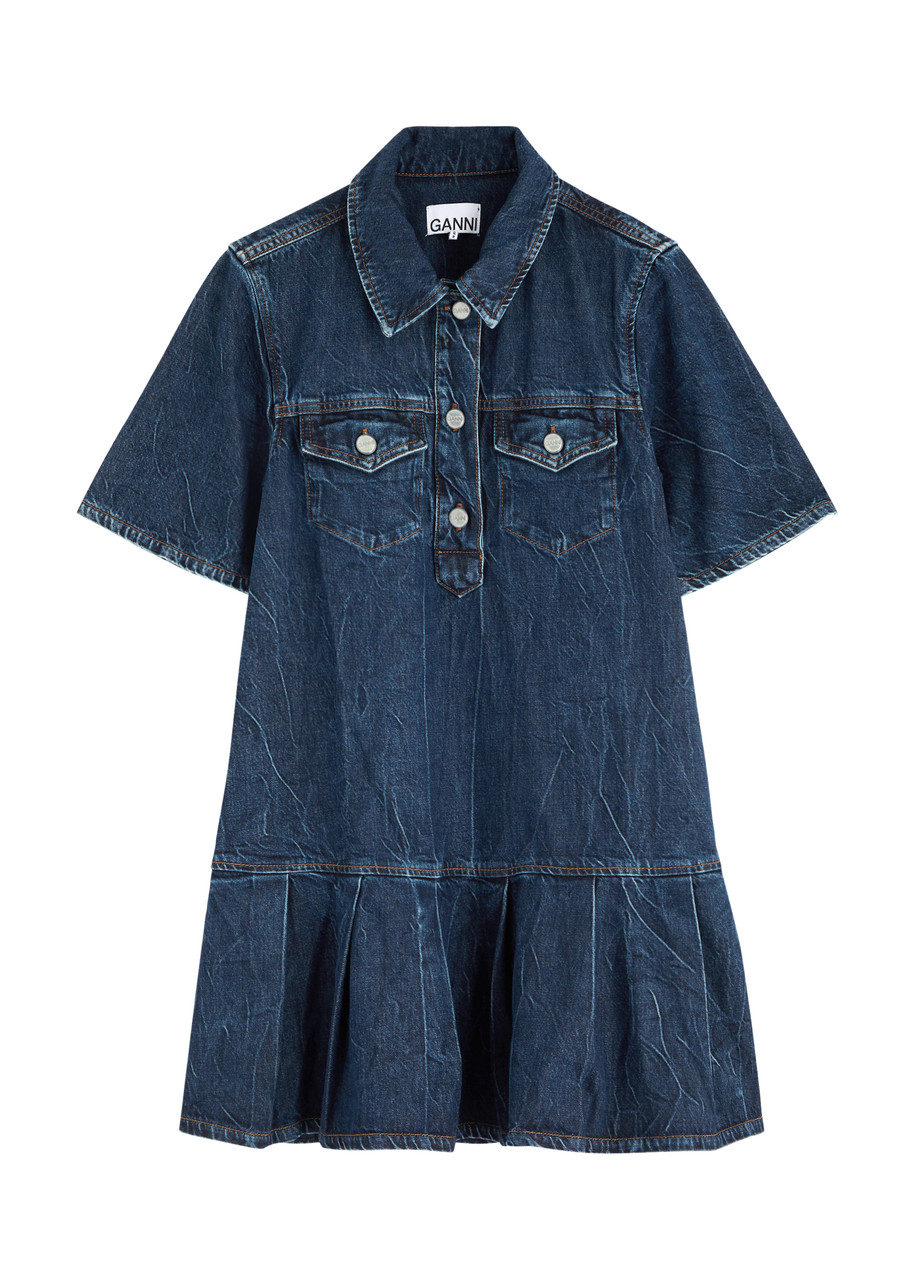 Ganni Crinkled-effect Denim Mini Dress