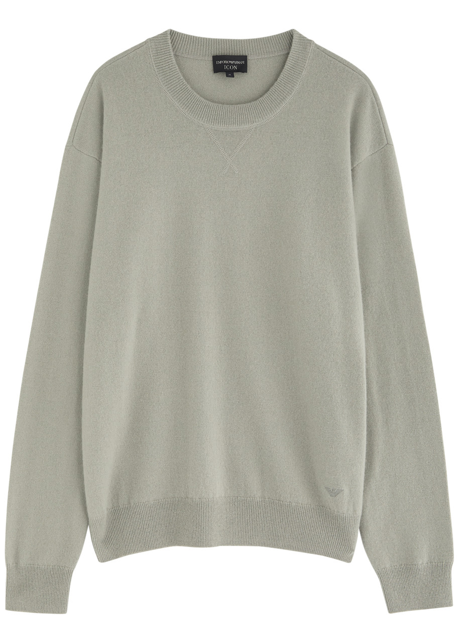 Emporio Armani Logo-embroidered Cashmere-blend Jumper – Dark Grey – XL Emporio Armani Logo-embroidered Cashmere-blend Jumper – Dark Grey – XL