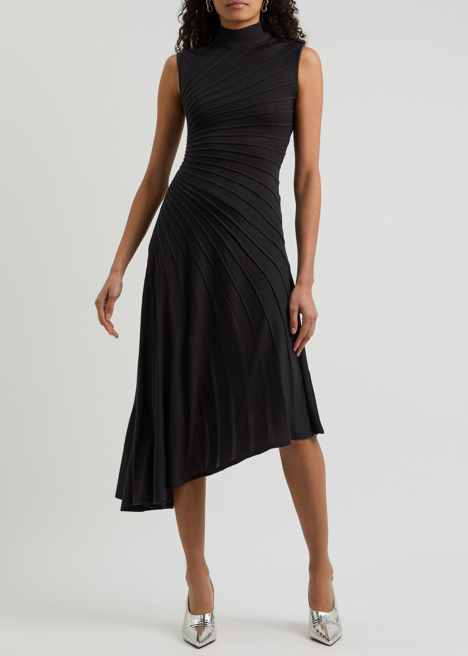 Alaïa Asymmetric Ribbed Wool Midi Dress In Black