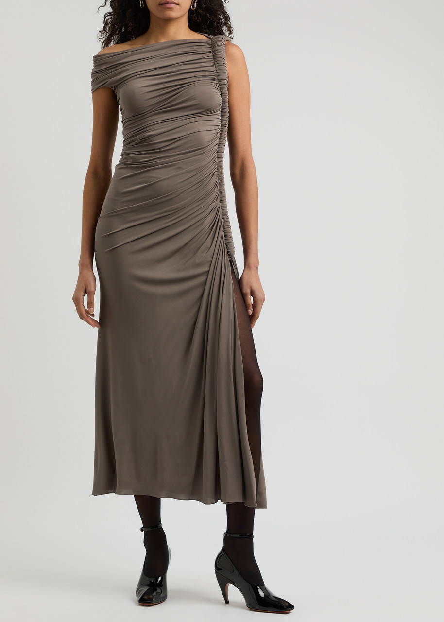Alaïa Draped Off-the-shoulder Jersey Midi Dress In Taupe