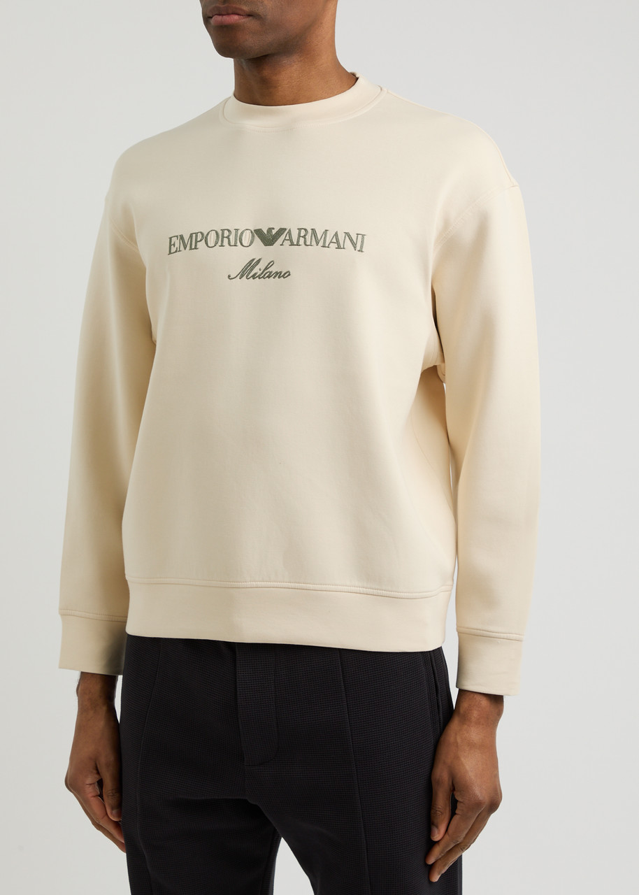 Emporio Armani White Crewneck Sweatshirt With Maxi Logo Lettering On The Front In Cotton Blend Stretch Man In Cream