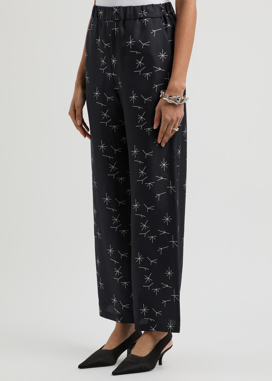 Mm Printed Wide-leg Silk-twill Trousers In Navy