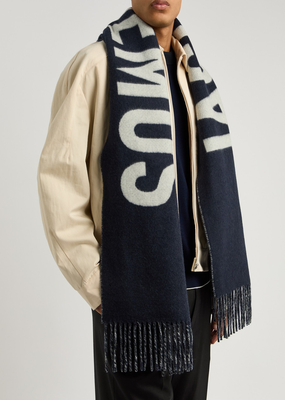 Jacquemus Le Écharpe Logo-intarsia Wool Scarf In Navy