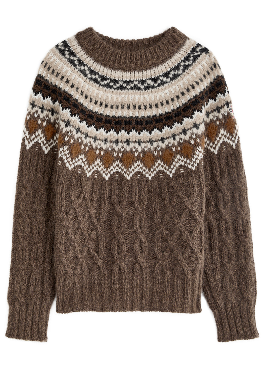 Moncler Fair Isle Intarsia Cable-knit Wool-blend Jumper In Brown