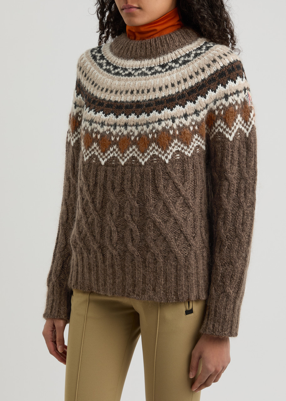 Moncler Fair Isle Intarsia Cable-knit Wool-blend Jumper In Brown