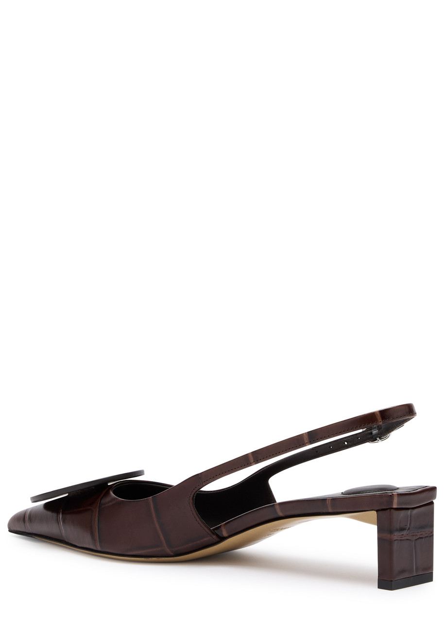 Jacquemus Pointed Toe Slingback Pumps With Textured Calf Leather In Brown Dark