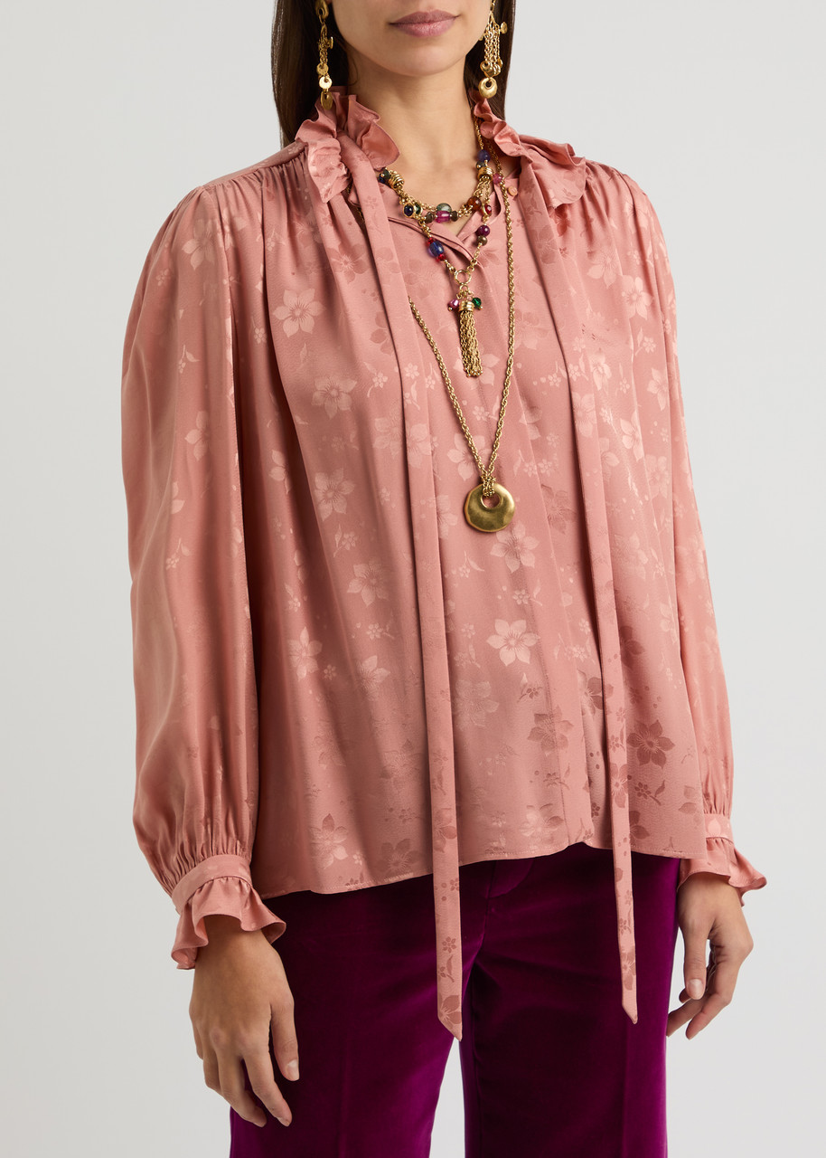 Chloé Floral Jacquard Tie-neck Ruffle Blouse In Pink