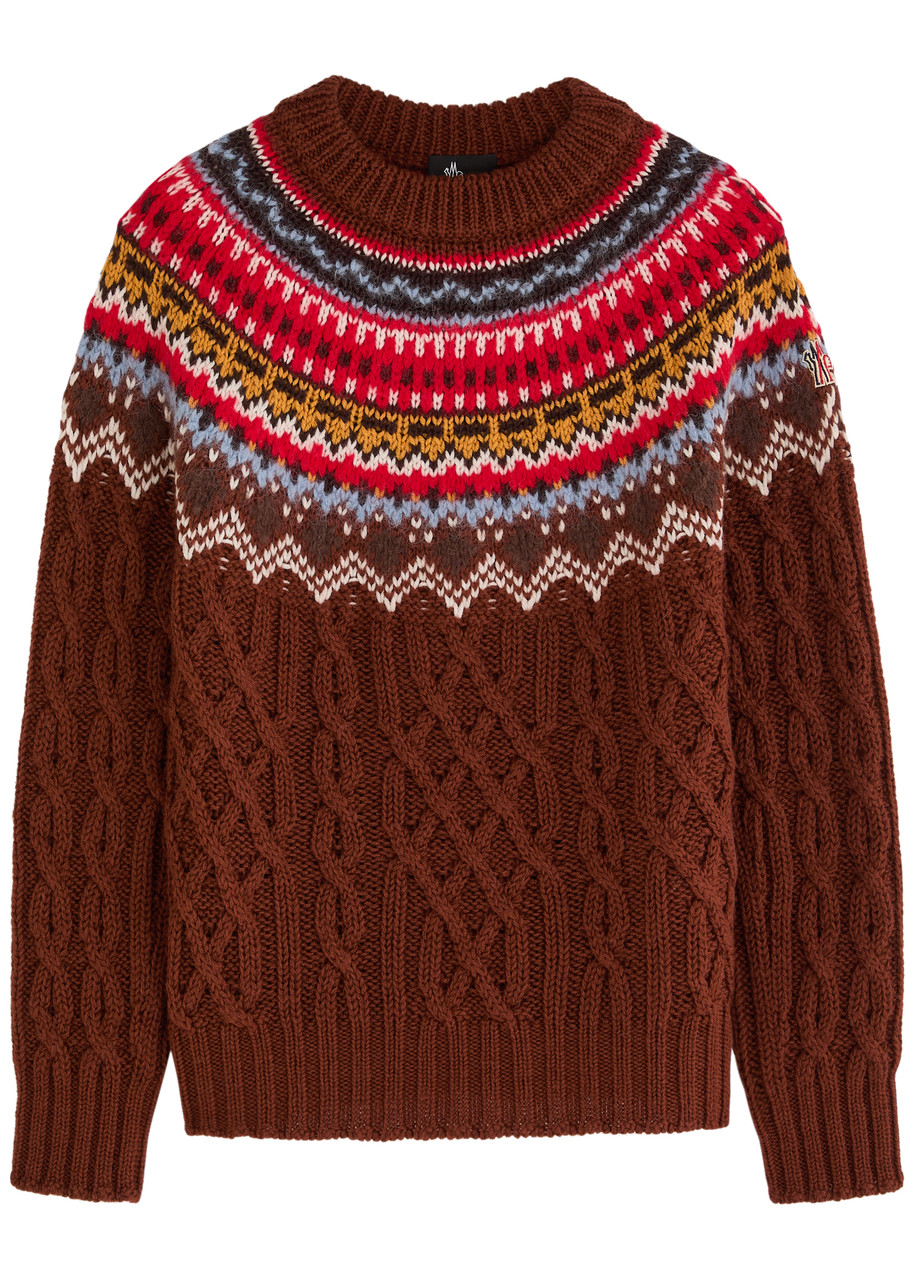 Moncler Grenoble Grenoble Fair Isle Intarsia Cable Knit Wool Jumper In Brown