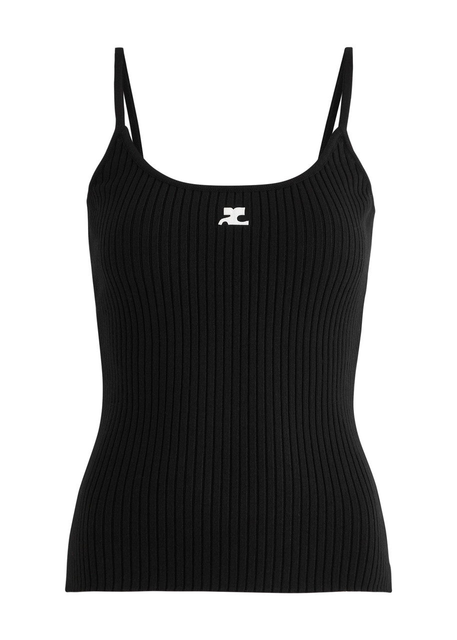Courrèges Ribbed Spaghetti Strap Top With Elegant Logo Detail And Luxurious Fabric Blend In Black