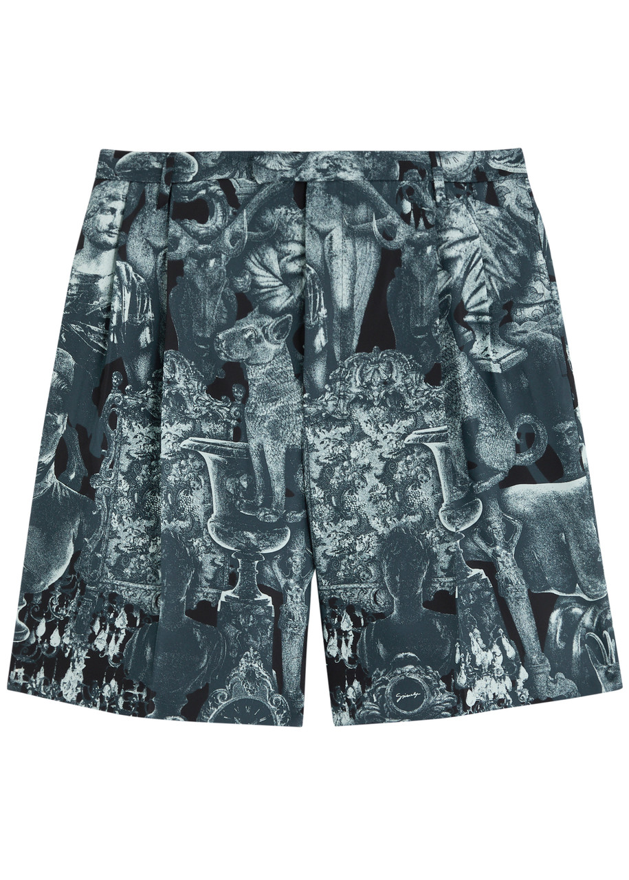 Givenchy Object Print Pleated Silk Shorts In Black