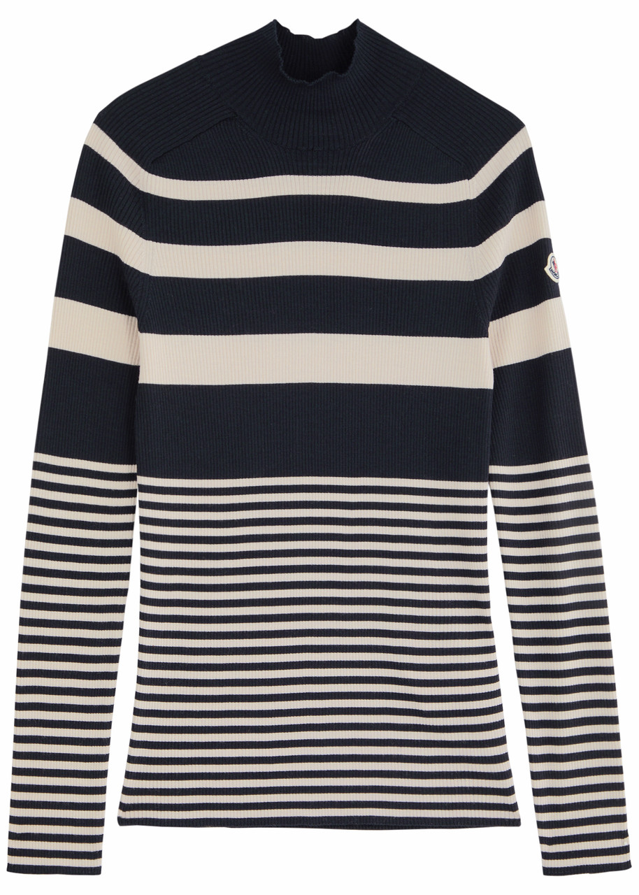 Moncler Striped-intarsia Ribbed Wool Top In Blue
