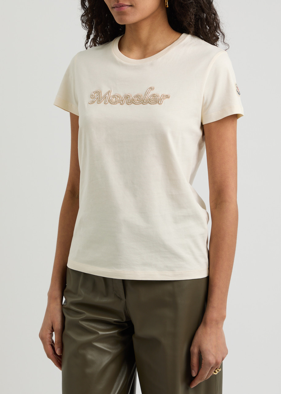 Moncler Logo Embroidered Cotton T-shirt In Natural