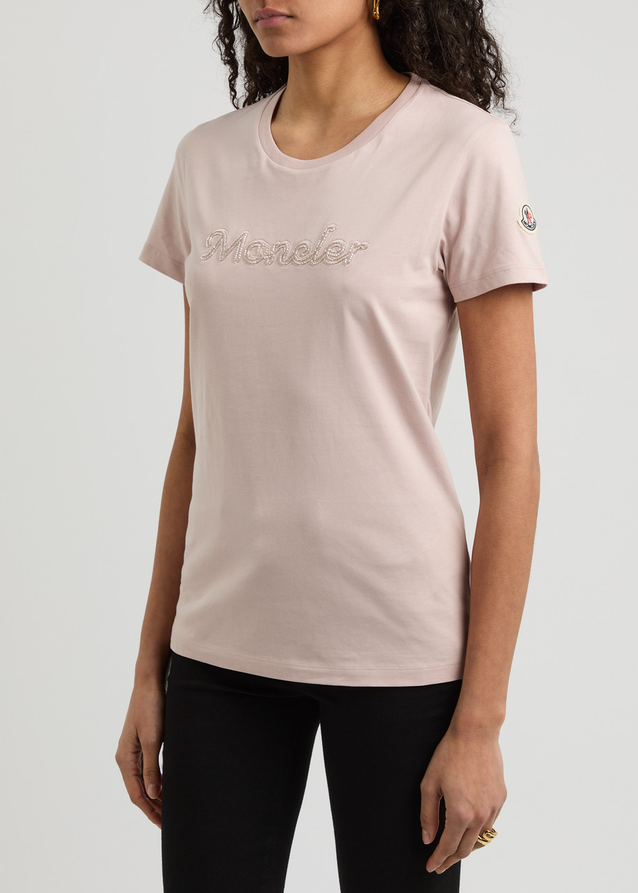 Moncler Logo-embroidered Beaded Cotton T-shirt In Pink Light