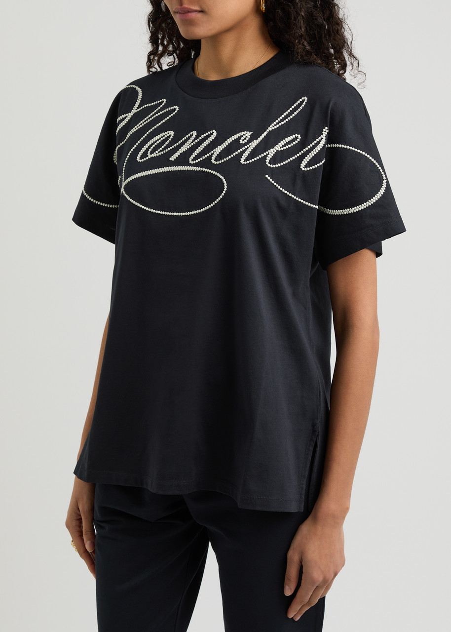 Moncler Embroidered Cursive Logo T-shirt In Navy