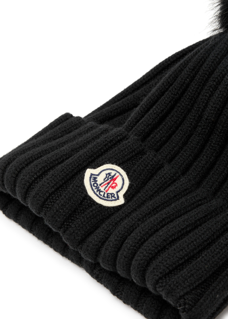 Moncler Ribbed Knit Wool Beanie With Faux Fur Pom-pom In Black