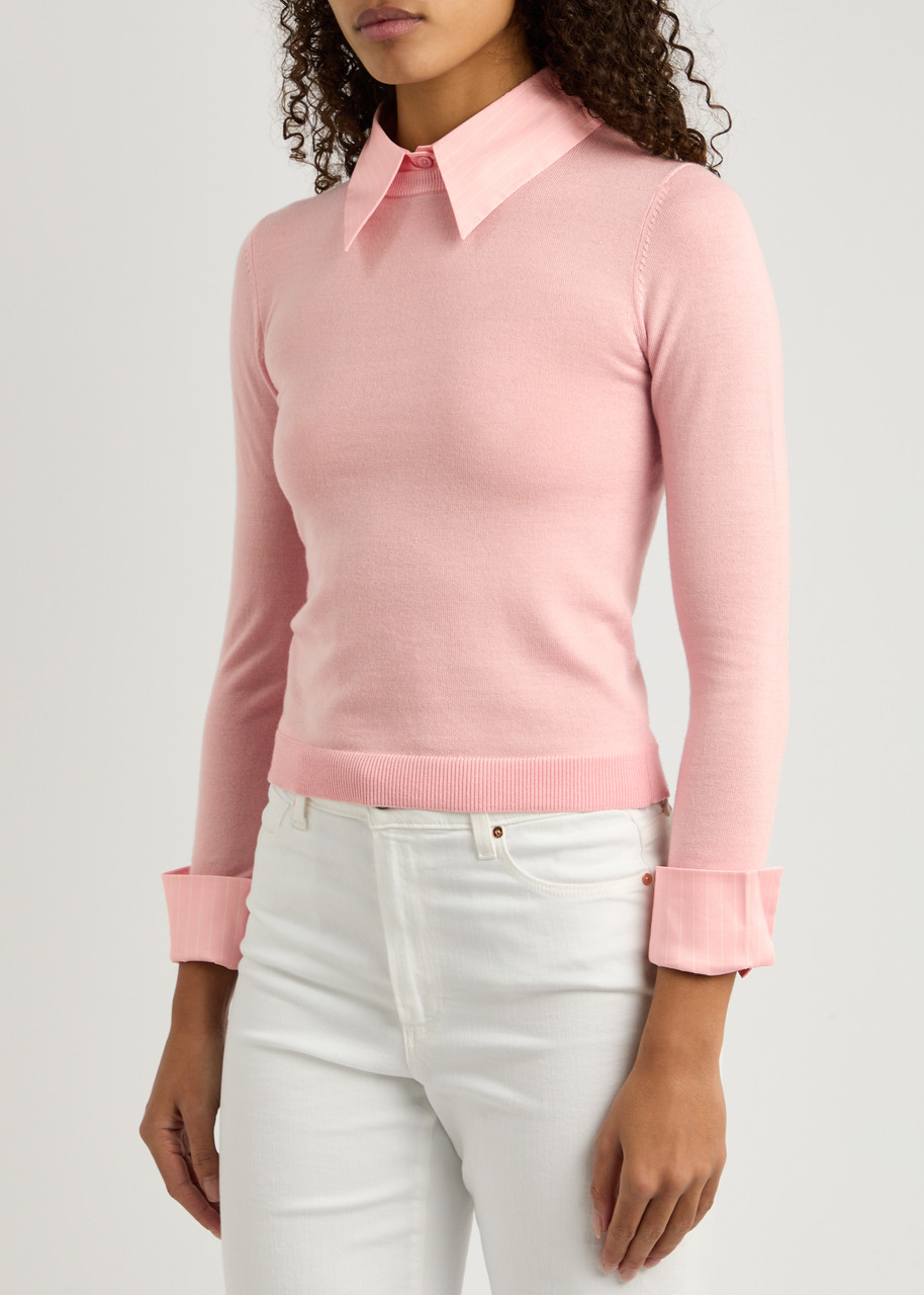 Alice And Olivia Alice + Olivia Porla Shirt-effect Stretch-wool Jumper In Pink