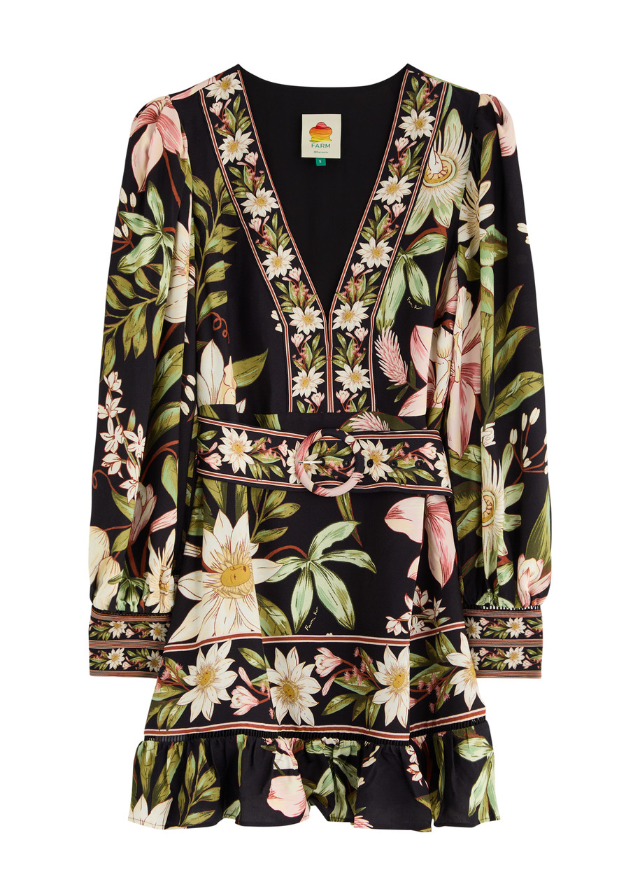 Farm Rio Surreal Flowers Long Sleeve Mini Dress In Black In Black