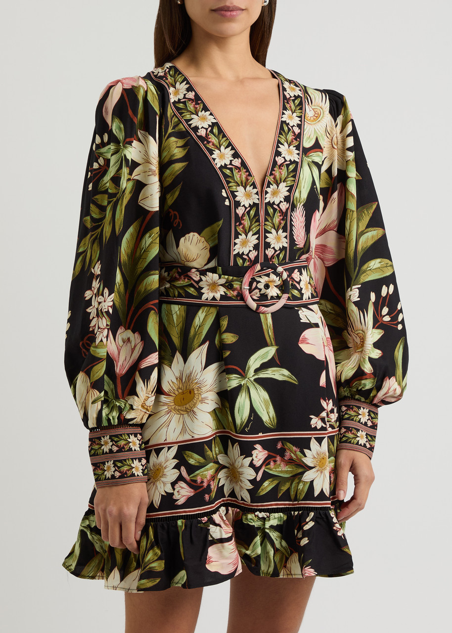 Farm Rio Surreal Flowers Long Sleeve Mini Dress In Black In Black