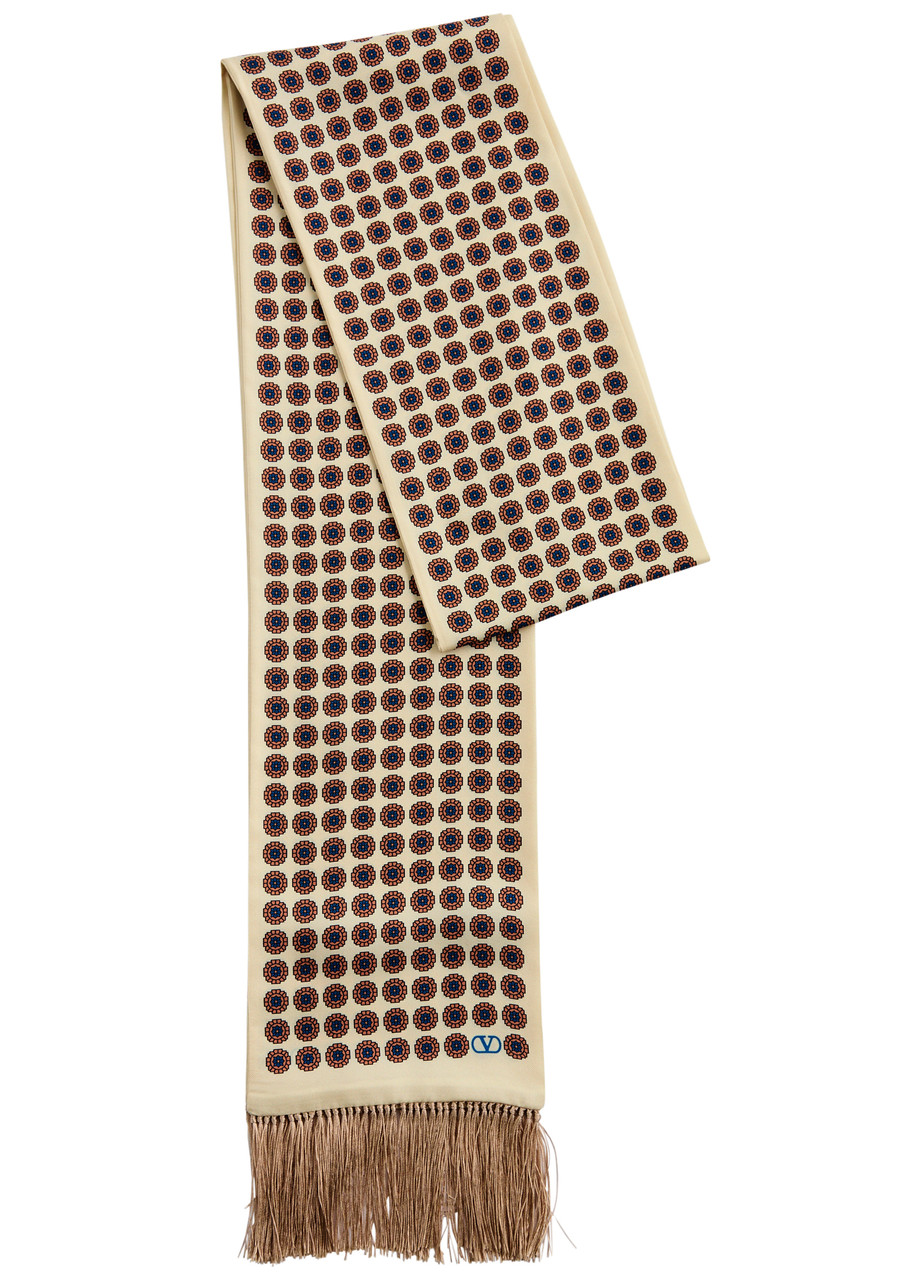 Valentino Printed Fringed Silk-satin Scarf In Beige