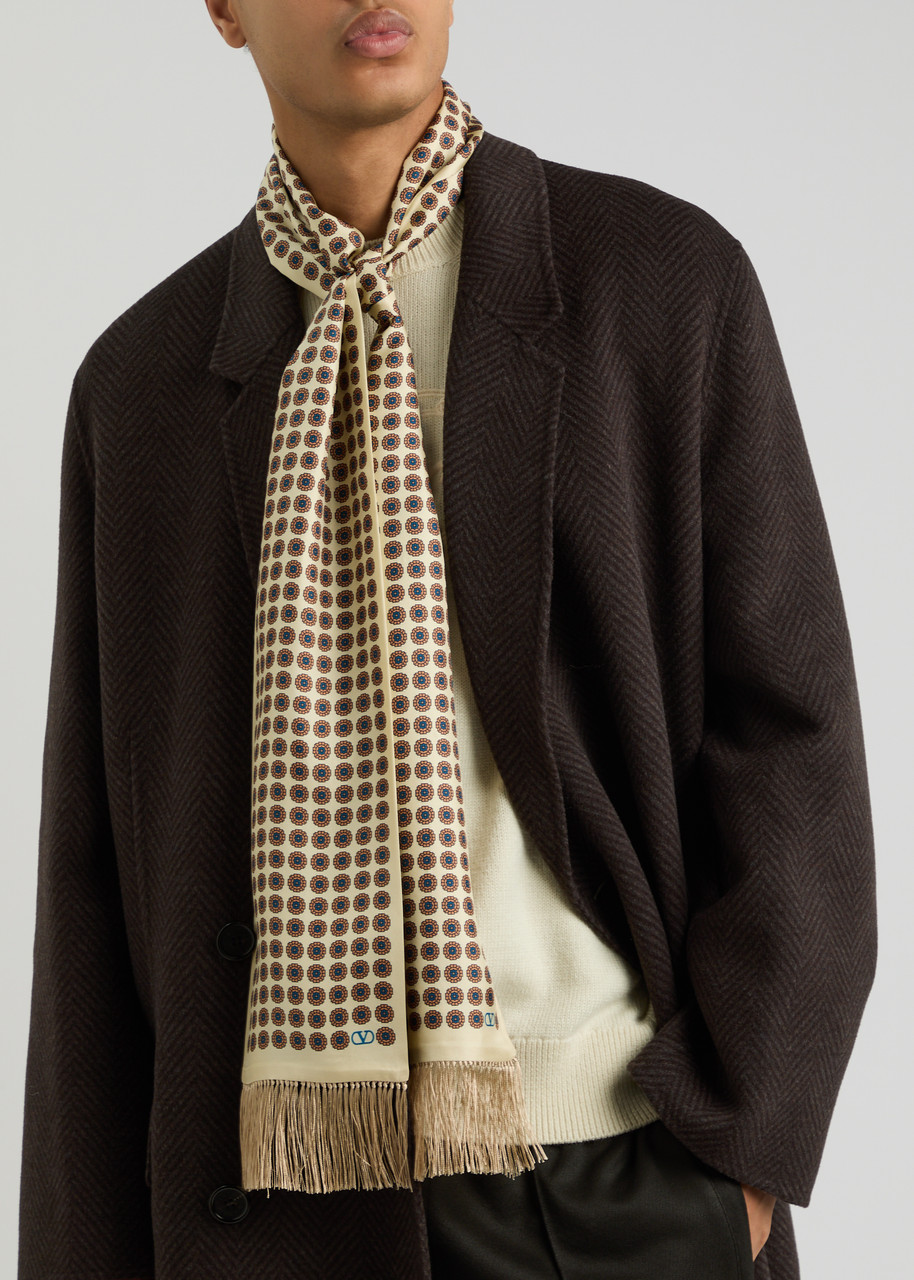Valentino Printed Fringed Silk-satin Scarf In Beige