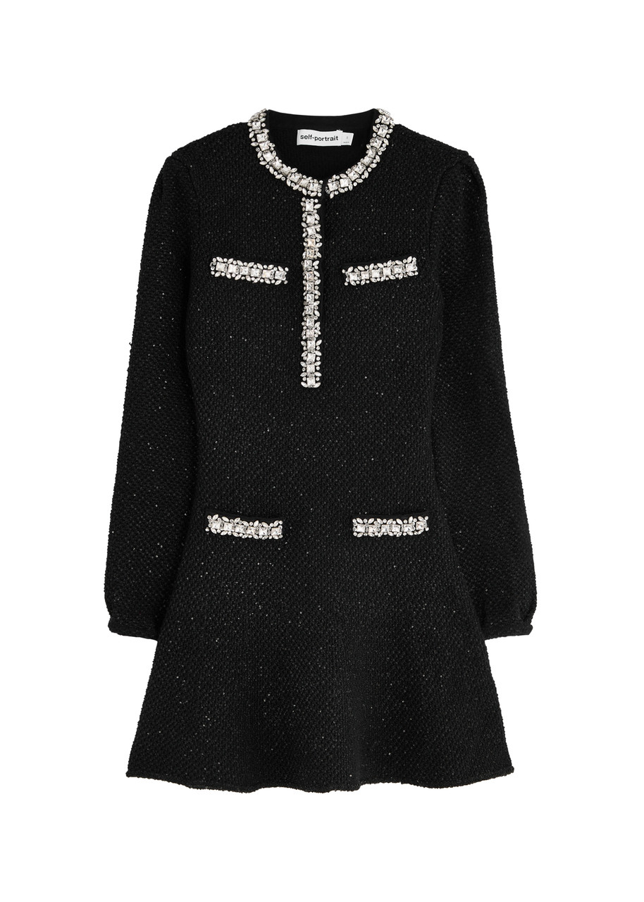Self-portrait Crystal-embellished Cotton-blend Mini Dress - Black - M (UK12 / M)