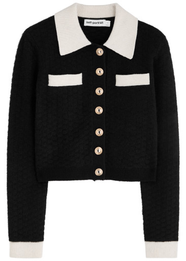 SELF-PORTRAIT: Contrast-trim waffle-knit cardigan
