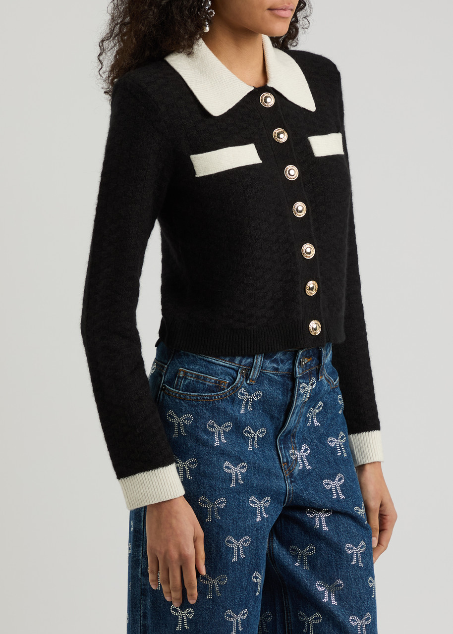 Self-portrait Contrast-trim Waffle-knit Cardigan In Black